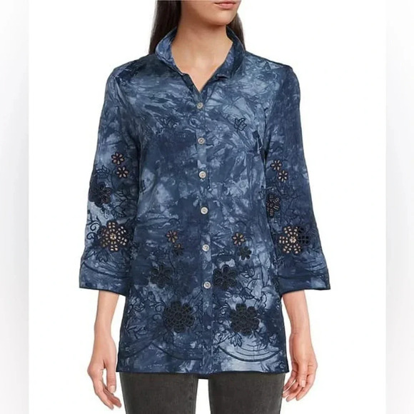John•Mark Tie Dye Print Floral Embroidered 3/4 Sleeve Button Front Tunic Top - Picture 1 of 8